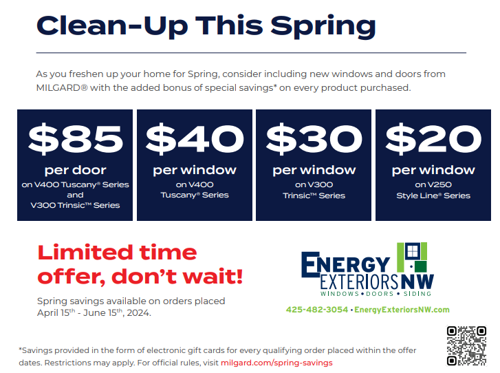 Spring sale on windows and doors with discounts and contact info.