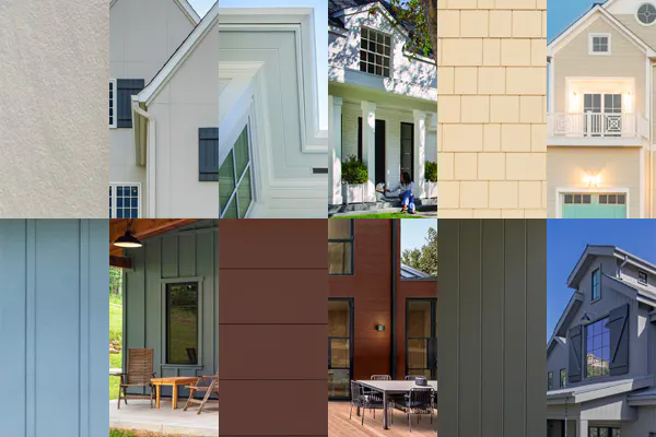 Collage of various house exteriors and siding materials.