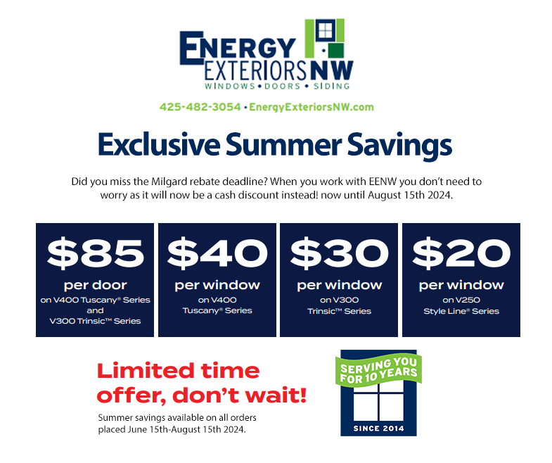 Energy Exteriors NW summer savings advertisement on windows and doors.