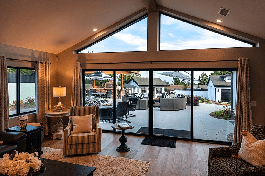 Modern living room opening to outdoor patio area