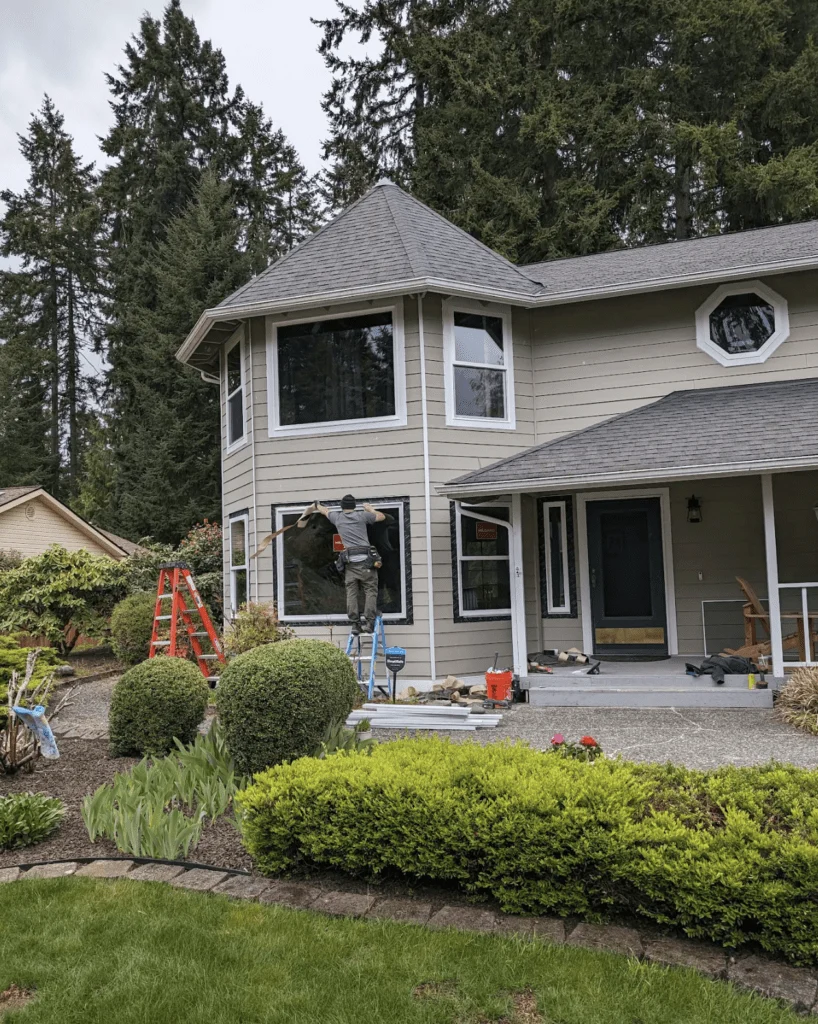 Man repairing window on two-story house exterior