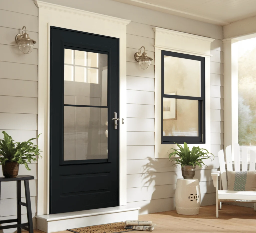 Elegant black door with glass panels and stylish wall lamps
