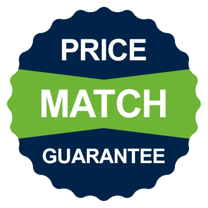Price match guarantee seal in blue and green