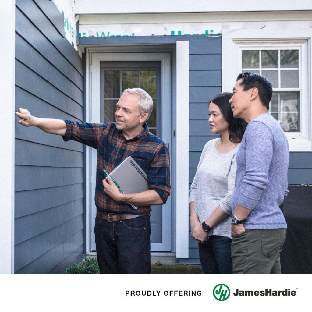 Contractor discussing house siding with couple