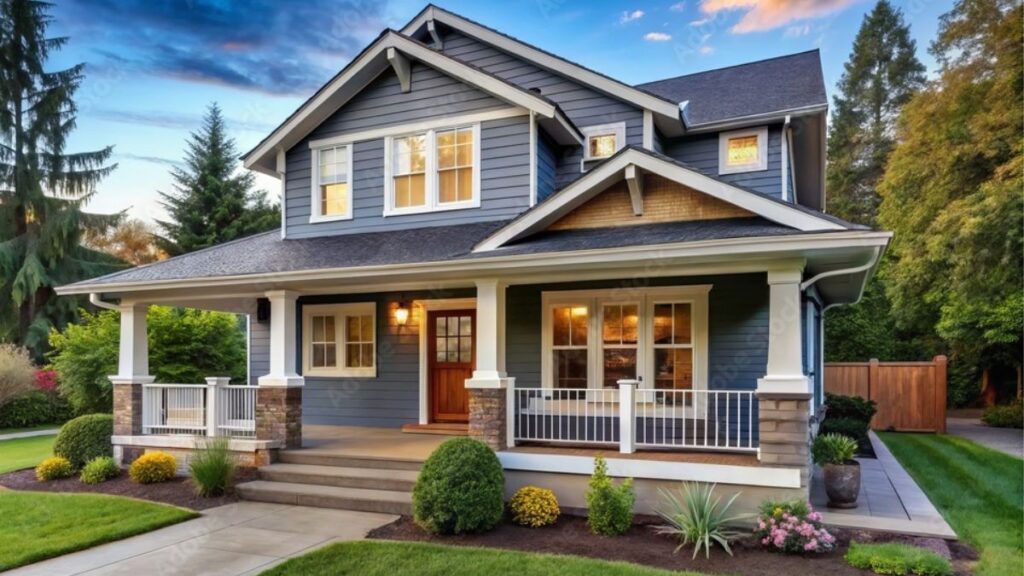 Elegant two-story blue house with landscaped front yard