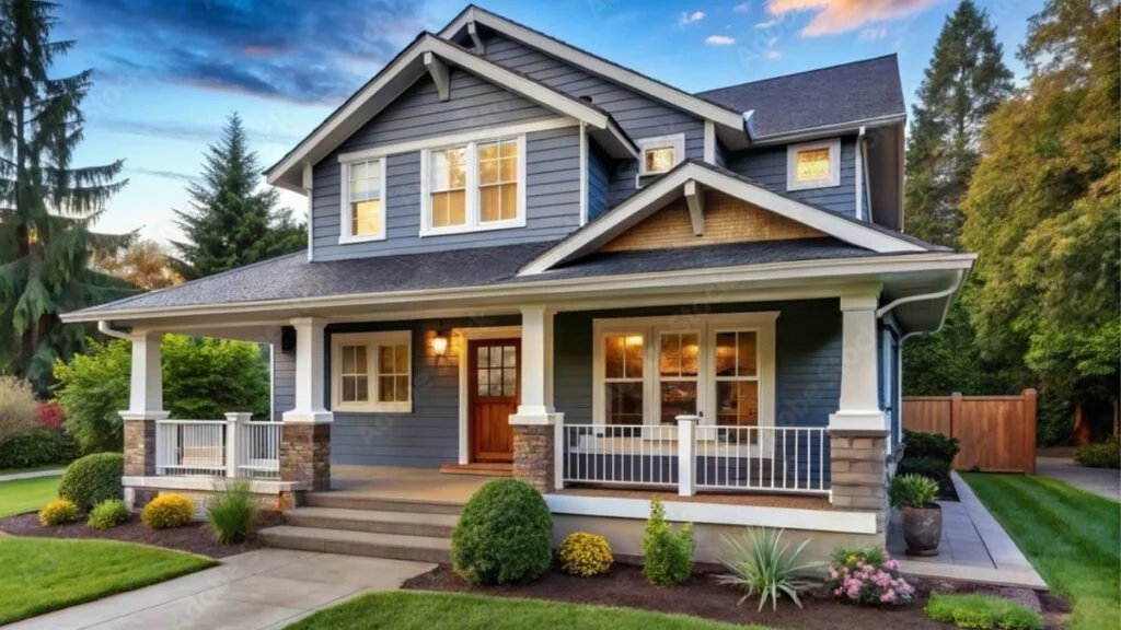 Elegant two-story blue house with landscaped front yard