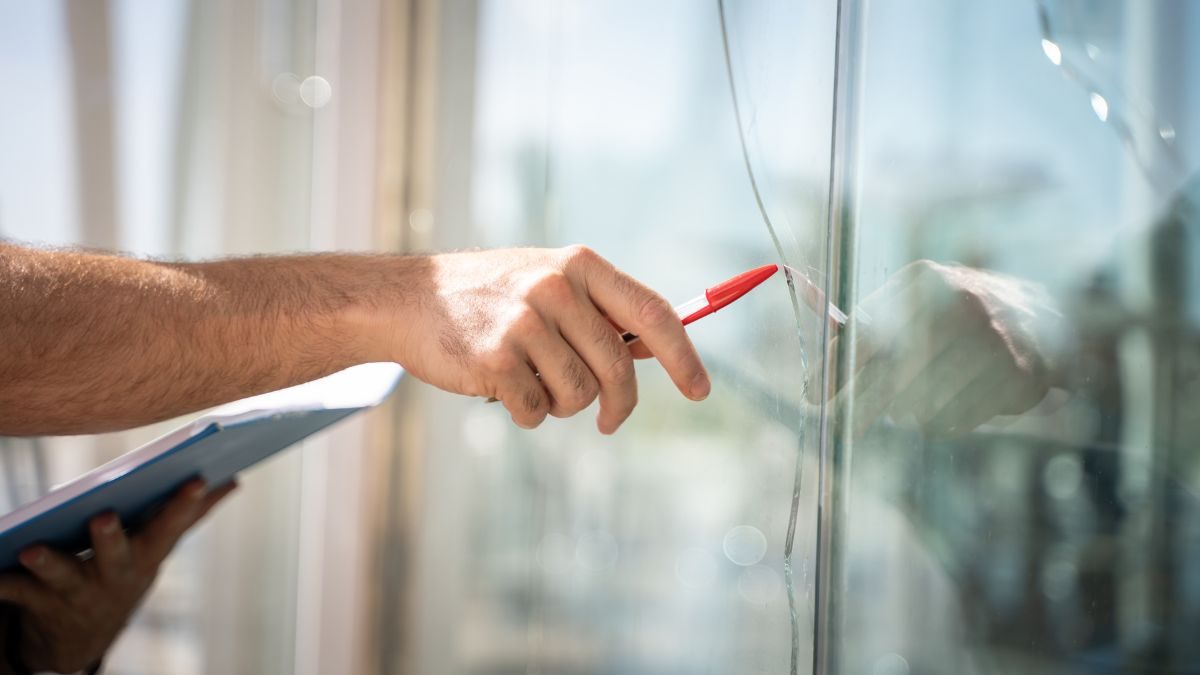 Person marking glass with red marker for construction