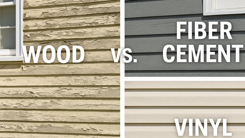 Comparative display of wood, fiber cement, and vinyl siding
