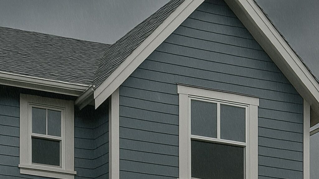 Blue house with rain, detailed roof and windows