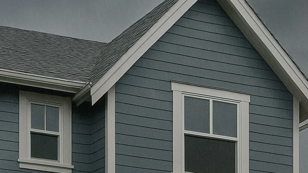 Blue house with rain, detailed roof and windows