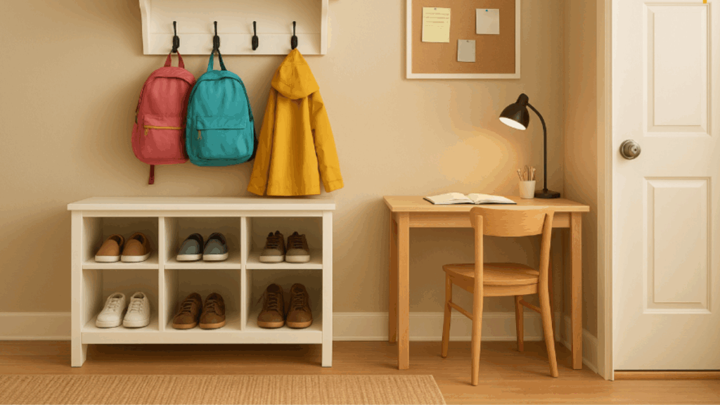 Organized entryway with coats, backpacks, and shoe rack