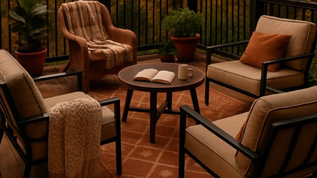 Cozy outdoor balcony seating arrangement with plants