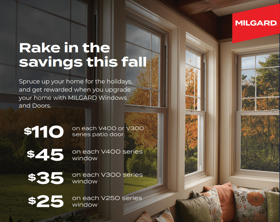 Autumn window view, MILGARD promo discounts displayed