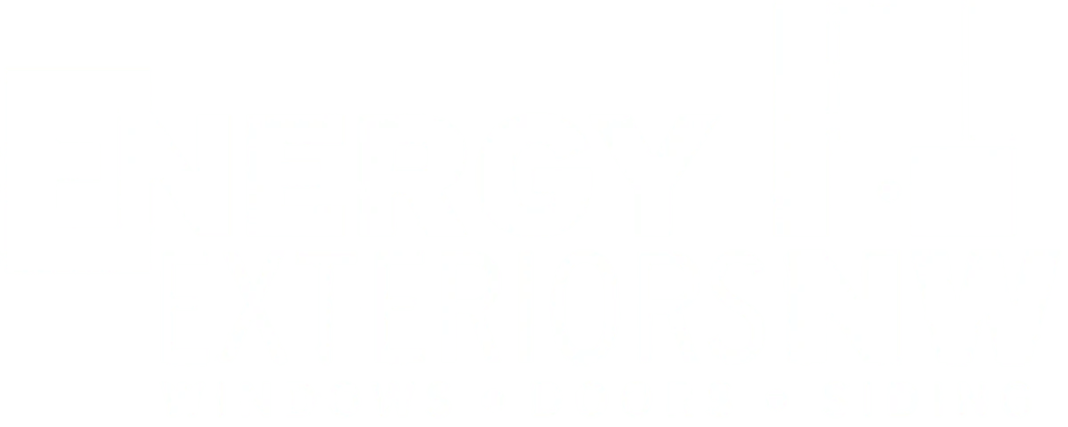 Logo of Energy Exteriors NW with windows, doors, siding text in White