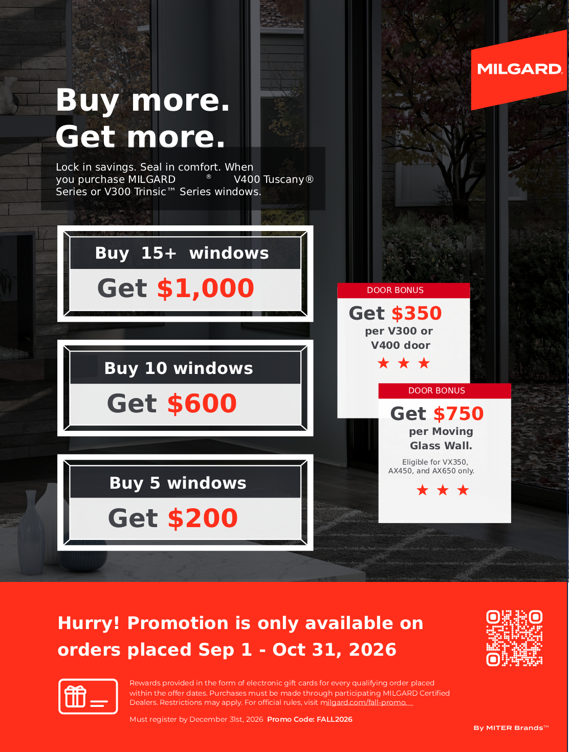 Milgard window promotional sale poster with discount details